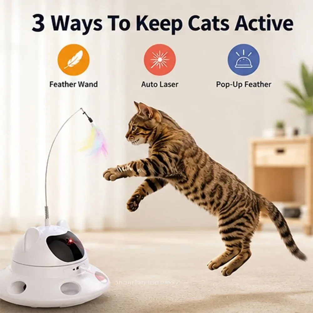 3-in-1 Auto Laser Cat Toy USB Rechargeable Motion Activated Feather Chase Toy